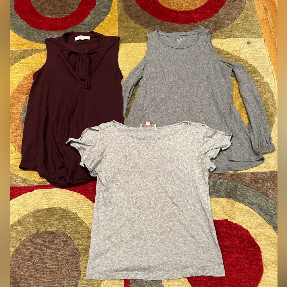 LOFT Ann Taylor Set of 3 Tops Grey Burgundy Tie Neck Open Shoulder Small Petite